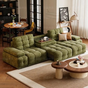 Sofá seccional moderno de tela chenilla verde con respaldo capitoné y estructura de madera maciza para sala de estar - Product Image 1