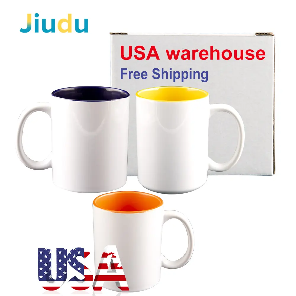 Gudang AS 11Oz Mug Sublimasi Putih Mug Kosong Sublimasi Keramik Warna Bagian Dalam untuk Kopi Mug Perjalanan untuk Sublimasi