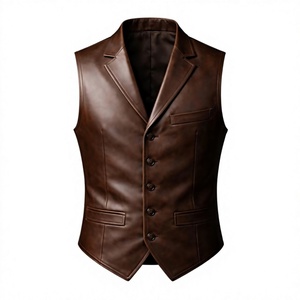 Chaleco de Cuero PU Marrón para Hombre, Formal, Sin Mangas, Cierre de un Solo Botón, con Bolsillos, para Otoño - Product Image 4