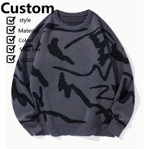 เสื้อสเวตเตอร์ถักลำลองคอกลมแขนยาวทรงหลวมของผู้ชายตกแต่งโลโก้ด้านหน้า - Product Image 1