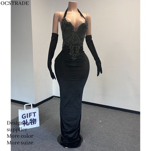 Strass abiti da compleanno donna con guanti lunghi aderenti scollo capestro senza schienale abiti da sera neri eleganti - Product Image 1