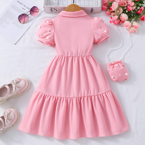 Abiti Estivi Rosa per Bambine, Nuova Moda con Maniche Corte e Design con Bottoni Luminosi, Set di <span class=keywords><strong>Abbigliamento</strong></span> per Bambine in Due Pezzi con Borsa - Product Image 5