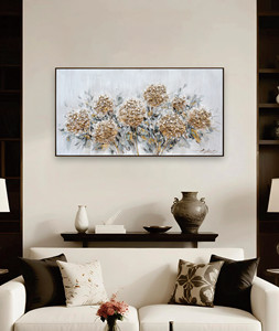 Pintura al Óleo Floral Texturizada Pintada a Mano, Hortensias en Tonos Dorados sobre <span class=keywords><strong>Fondo</strong></span> Azul Claro, Cuadros Decorativos para Pared - Product Image 1