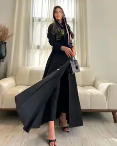 U.Chic latest design special light floral embroidered linen girls Islamic garment black abaya 2024 EID dress