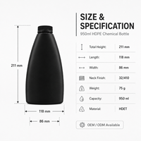 Bouteille chimique vide en HDPE noir mat de 950 ml avec logo personnalisé, bouchon à vis OEM, conteneur pour réactifs et solvants, marque chimique, étiquette privée