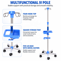 Support de perfusion mobile réglable en acier inoxydable avec 4 crochets, plateau de rangement et base à cinq roulettes pour hôpital
