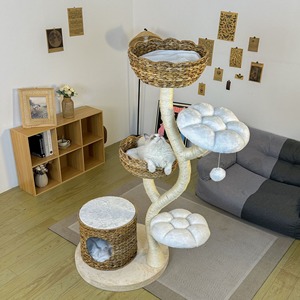 Tour d'escalade <span class=keywords><strong>pour</strong></span> <span class=keywords><strong>chat</strong></span> en bambou naturel tissé <span class=keywords><strong>à</strong></span> la main, avec plusieurs niveaux, <span class=keywords><strong>hamac</strong></span> et cachette <span class=keywords><strong>pour</strong></span> le jeu actif des félins - Product Image 1