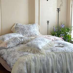 2025 nuova Lyocell quattro pezzi lenzuola Sabanas <span class=keywords><strong>francese</strong></span> Chiffon pizzo bordo piumino copripiumino rosa stampa floreale Set biancheria da <span class=keywords><strong>letto</strong></span> - Product Image 3