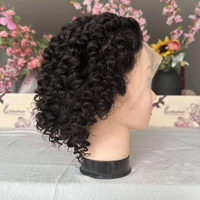 Prêt à expédier en gros 4 pouces coupe Pixie sans colle pleine dentelle perruque vierge vrais cheveux humains 1B dentelle transparente médicale courte perruque bouclée