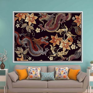 Printed <b>Canvas</b>: Dragon & Flowers - Asian Pattern Wall Decor,WHITE <b>FRAMED</b> <b>CANVAS</b> - Product Image 2