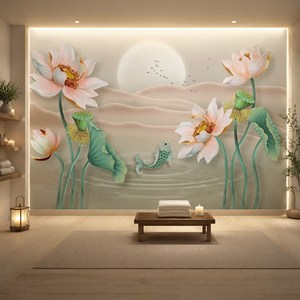 Peinture murale sur toile personnalisée Lotus Koi Zen, papier peint mural sur mesure pour hôtel - Product Image 1