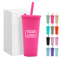 Gobelet à double paroi en plastique personnalisé avec logo, 24 oz (710 ml), réutilisable, avec paille large, pour bubble tea, café glacé, tasse de voyage