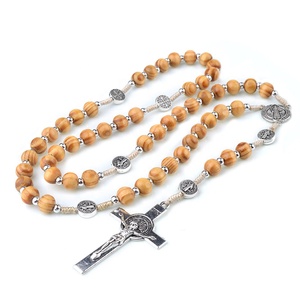 Rosario Religioso <span class=keywords><strong>di</strong></span> San Benedetto con Perline in <span class=keywords><strong>Legno</strong></span> da 8mm e Croce, Collana Rosario Cattolico - Product Image 1