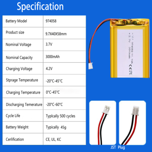 974058 3.7v 3000 סוללת ליתיום פולימר ליתיום פולימר, קיבולת גבוהה 11.1wh עבור כלי חשמל & מכשירים בעלי הספק גבוה 655063 755060 974058 - Product Image 3