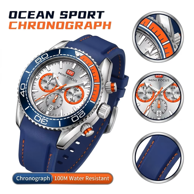Men Sport Chronograph Watch Steel Case Blue Orange Rotating Bezel Silicone Strap 100M Waterproof Date Quartz Wristwatch