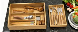 Organizador de cajones de bambú de dos niveles con bandeja extraíble para cubiertos, inserto profundo para utensilios. - Product Image 6