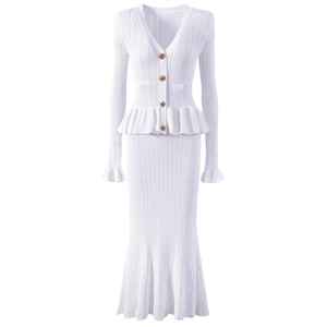 厂家批发休闲立体图案女装两件套开衫纽扣毛衣女装针织铅笔 - Product Image 3