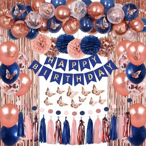 Décorations de fête d'anniversaire et de remise de diplôme bleu marine et or rose - Rideaux à franges, nappe en aluminium, confettis, ballons, bannières papillons - Product Image 1