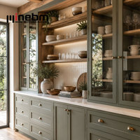 Set Kabinet Dapur Kayu Solid Farmhouse Kustom Terlaris dengan Lemari Pajangan Kaca LED untuk Dapur Hunian Villa