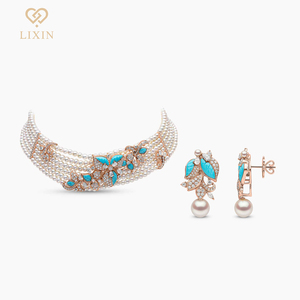 طقم مجوهرات فاخر من قطعتين من ليكسين، قلادة وخاتم وأقراط بتصميم أوراق شجر زرقاء-خضراء مع لؤلؤ للحفلات والأعراس - Product Image 1