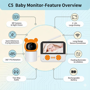 جهاز مراقبة الأطفال بشاشة 5 بوصة، اتصال لاسلكي 2.4 جيجاهرتز، كاميرا للأطفال، مراقبة جدولة التغذية ودرجة الحرارة، موسيقى مهدئة بالأشعة تحت الحمراء - Product Image 2