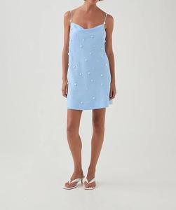 Mini <span class=keywords><strong>Abito</strong></span> in Tessuto Intrecciato con Contrasto in Pizzo <span class=keywords><strong>Azzurro</strong></span>, Vita Naturale, per Vacanze al Mare, Moda Femminile Elegante - Product Image 4