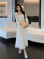 Boutique robe de haute qualité robe à col carré blanc tempérament deux pièces laine épissage mousseline de soie plissée robes de soirée élégantes