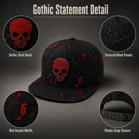 Zwarte schedel grafische luipaardprint 5-panel baseballcap rode versierde details gestructureerd paneel platte klep 100% katoen unisex gothic