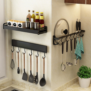 Wall Mounted Kitchen Utensil Rack With <b>Hooks</b> And Shelf Punch Free <b>Adhesive</b> Storage For Spoon Spatula And Cooking Tools - Product Image 1