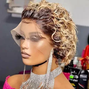 Perruque Lace Front Wig naturelle bouclée, cheveux vierges, coupe Pixie, pour femmes africaines