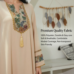 Elegante Vestido Kaftán Árabe Color Albaricoque para Mujer, Jacquard Floral con Borlas, Cuello en V, Estilo Étnico, Maxi Vestido Modesto para Uso Diario - Product Image 2