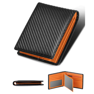 Portefeuille compact en cuir texturé en fibre de carbone, portefeuille d'affaires pour homme à trois volets, plusieurs emplacements pour cartes, intérieur orange - Product Image 1