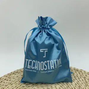 Bolsa de embalagem de presente de natal, joias azuis de cetim, com impressão de logotipo ambos os lados, venda imperdível