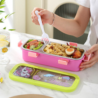 C721 Boîte à bento scellée à 3 grilles en acier inoxydable de qualité alimentaire Boîte à lunch divisée avec dessin animé Conteneur à aliments au micro-ondes imprimé mignon