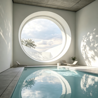 Fenêtre fixe ronde en aluminium de style Porte de Lune, pour pavillon de jardin chinois classique, avec cadre en bambou et verre trempé offrant une vue.