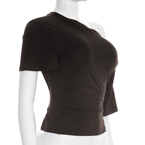Viviblook Y26TP037 Camiseta de verano para mujer, Top corto informal con hombros descubiertos, cuello elástico de color sólido para mujer - Product Image 3