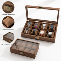 Boîte à montres antique en bois à 8 emplacements avec grand couvercle en verre, fermeture métallique, luxe rétro, présentoir à bijoux pour homme, cadeau pour collectionneur