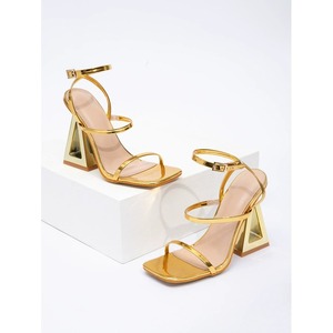 Women Metallic Gold Square Toe Sandals with Hollow <b>Triangle</b> Heel Ankle Strap Open Toe Sexy Ladies High Heel Sandals - Product Image 2