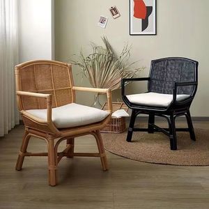 Rattan <b>Dining</b> <b>Chair</b> With Backrest Natural Black Color Adult Use Retro Design Home Decor - Product Image 1