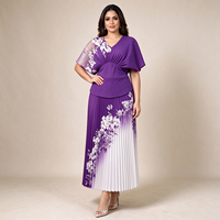 Gaun Kasual Wanita Bahan Woven, Model V-neck Wrap dengan Ikat Samping, Cetakan Bunga Asimetris Warna-Blok, Gaya Islam