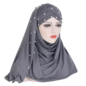 2022 Muslim Cotton Scarf Plain Hijabs With Beaded Shawls and Wraps Femme Musulmane Hijab Ready to wear Turban Women Head Scarves
