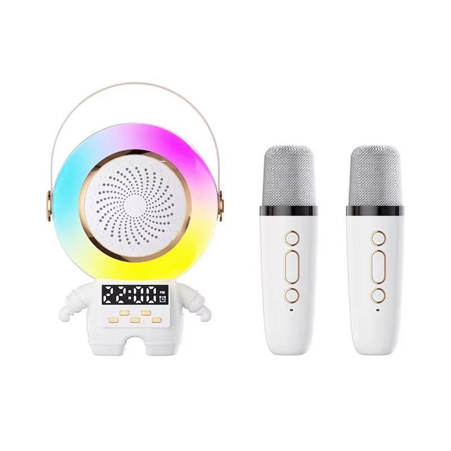 New Arrival Fashion Astronaut Mini RGB BT Speaker Karaoke Audio Microphone Set with Led Clock Singing Karaoke for Kid