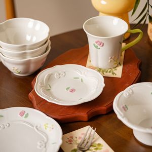 Custom High Quality <b>Stoneware</b> Floral Dishwasher Safe Dinner Plate Bowl Mug Embossed Pattern Nordic White <b>Dinnerware</b> <b>Sets</b> Ceramic - Product Image 2