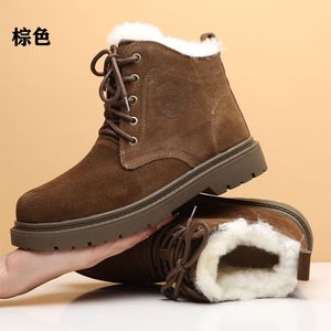 Men Snow Boots <b>Wool</b> Lined Fur Trim Thickened Cotton Padded Winter Shoes Front Laces Solid Color Coffee <b>Brown</b> Injection Sole - Product Image 4