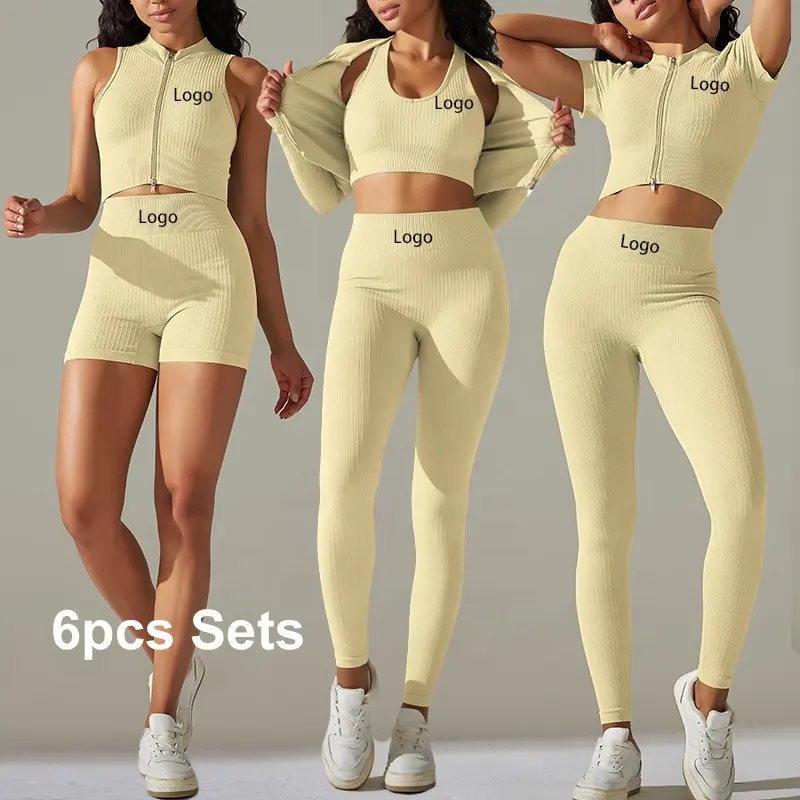 Damen-Yoga-Leggings Laufworkout 6-teiliges Set Kleidung Oberteile Sportbekleidung Fitnessstudio Fitness-Sets nahtlose Leggins-Workout-Sets für Damen