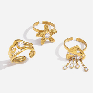 Fashion Rings Women's Gold Plated Zircon Star Shape Adjustable Ring Gift Jewelry Pave Setting Beach Style - Product Image 1