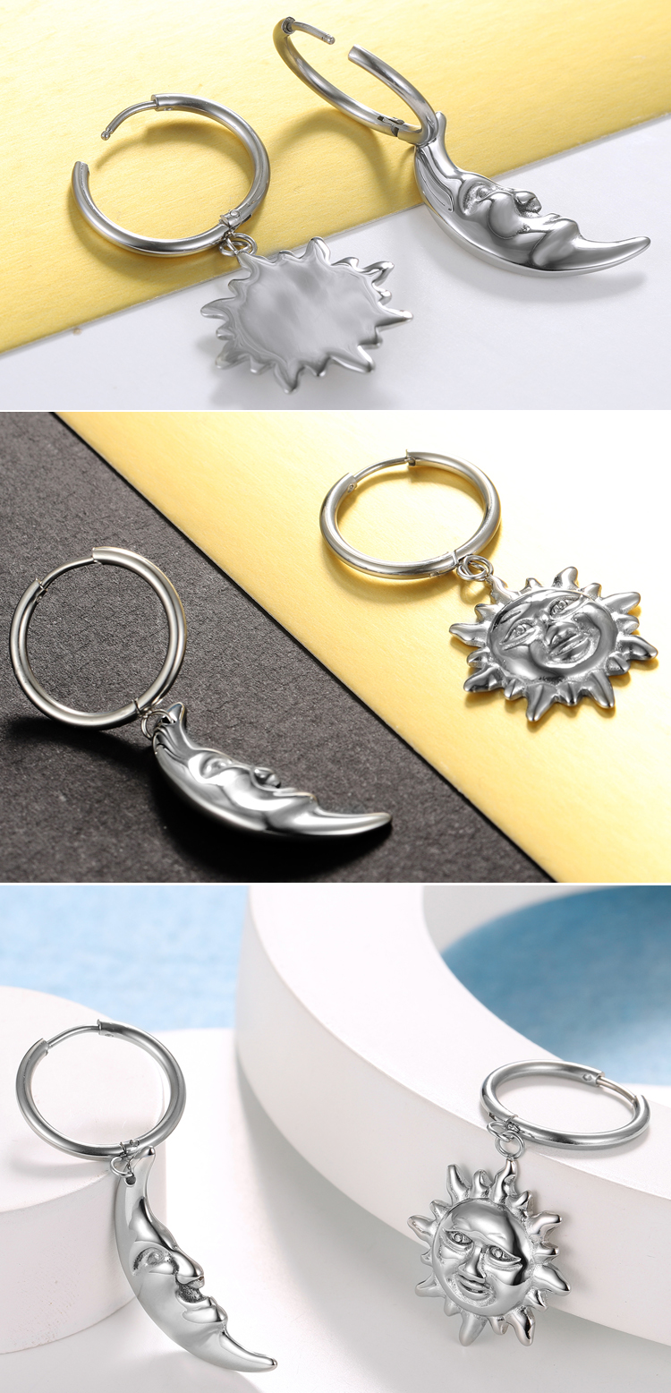 wholesale fashion hip hop jewelry custom stainless steel sun and moon dangle drop hoop earring