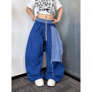 Pantalon large décontracté à carreaux noirs avec empiècements, taille élastiquée, style streetwear - Product Image 3