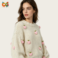 Nouvelle Arrivée CG Pull en Tricot Brodé Floral pour Femme Col Rond Manches Longues Polyester Coupe Ample Décontractée OEM