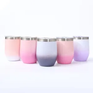 Gobelet à vin personnalisé avec logo couleur, 12 oz, en acier inoxydable, forme d'œuf, avec couvercle anti-fuite - Product Image 1